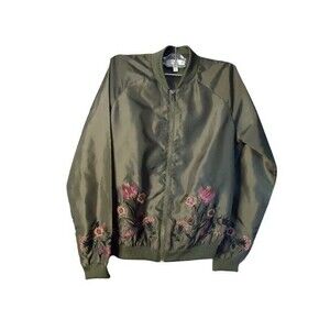 Love Fire Flower Embroidery Full Zip Jacket Womens Size Small Green